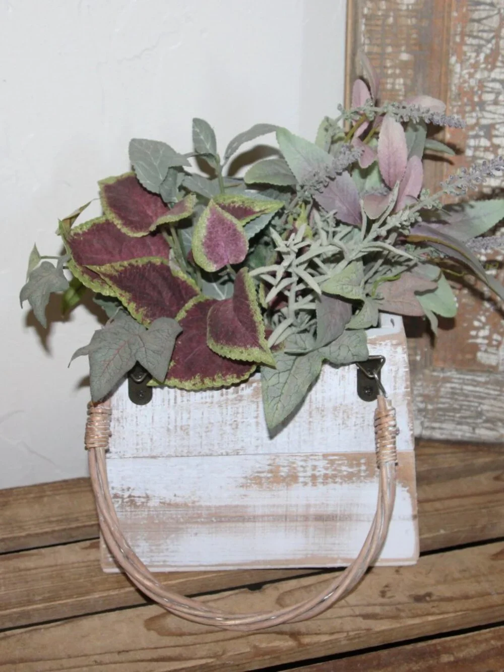 White Shabby Distressed Wood Basket Box with French Arrangement